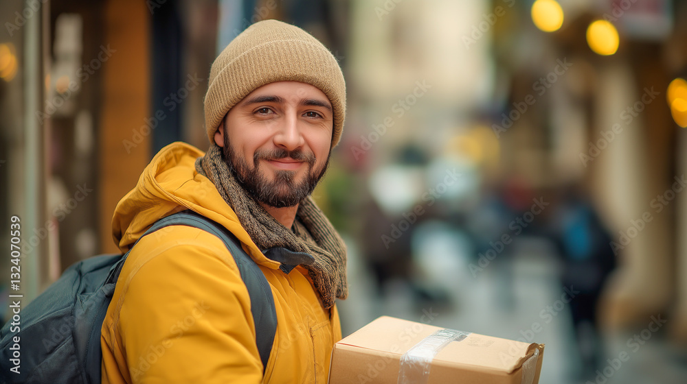 Man in yellow jacket carries package on bustling city street in autumn time Man in yellow jacket carries package on bustling city street in autumn time