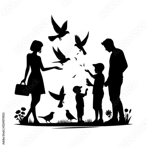 Family values – family feeding birds in park silhouette