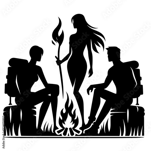 Friends camping around a campfire silhouette