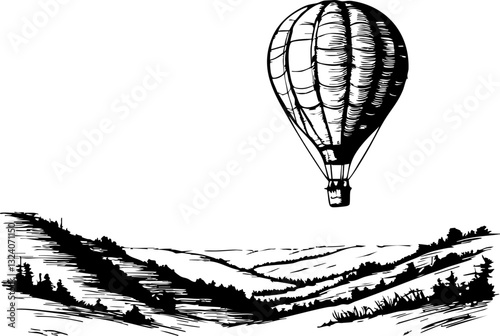 Hot air balloon adventure over rolling hills scenic landscape aerial view nature exploration