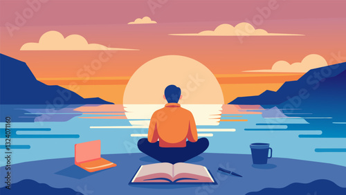 As the sun sets someone sits by the water and journals using the peacefulness of the ocean to declutter their mind and find inner peace.. Vector illustration