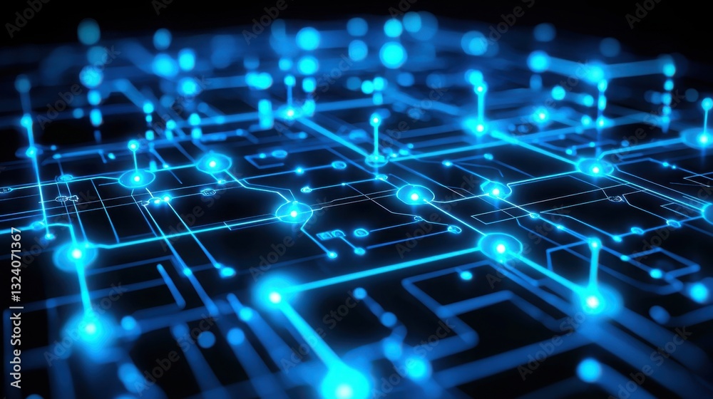 Obraz premium High-tech circuit board with blue lights illuminating the importance of blockchain network interface and connectivity