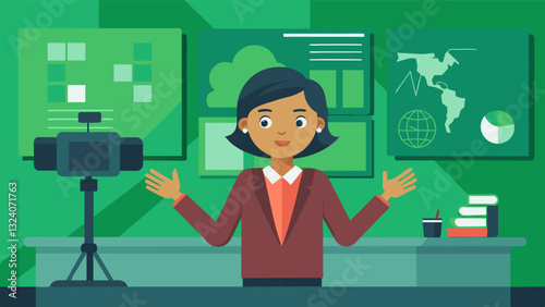 In a studio a journalist stands in front of a large green screen motioning to invisible data visualizations as they explain the complexities of a controversial social issue during. Vector illustration
