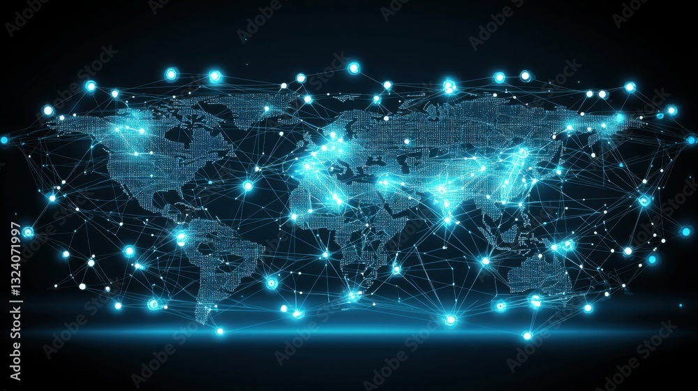 Fototapeta premium World map featuring dots and lines representing global connectivity and blockchain trading platforms across different regions