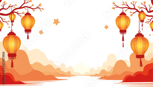 Lanterns hanging against an orange scenic background