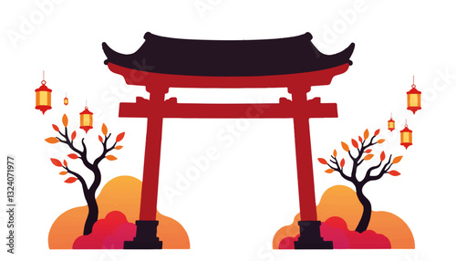 Elegant torii gate with lanterns and autumn trees