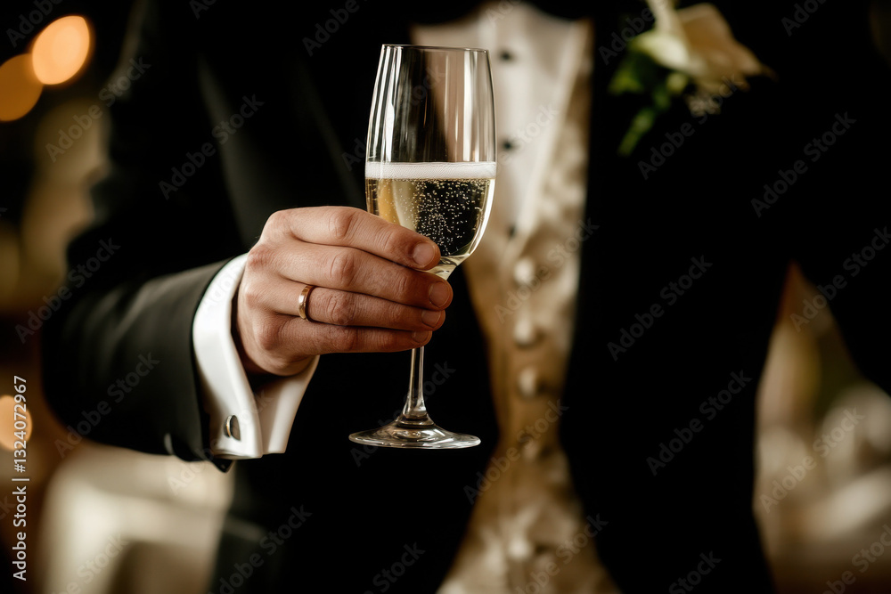 Groom in elegant suit toasting with champagne at wedding reception Groom in elegant suit toasting with champagne at wedding reception