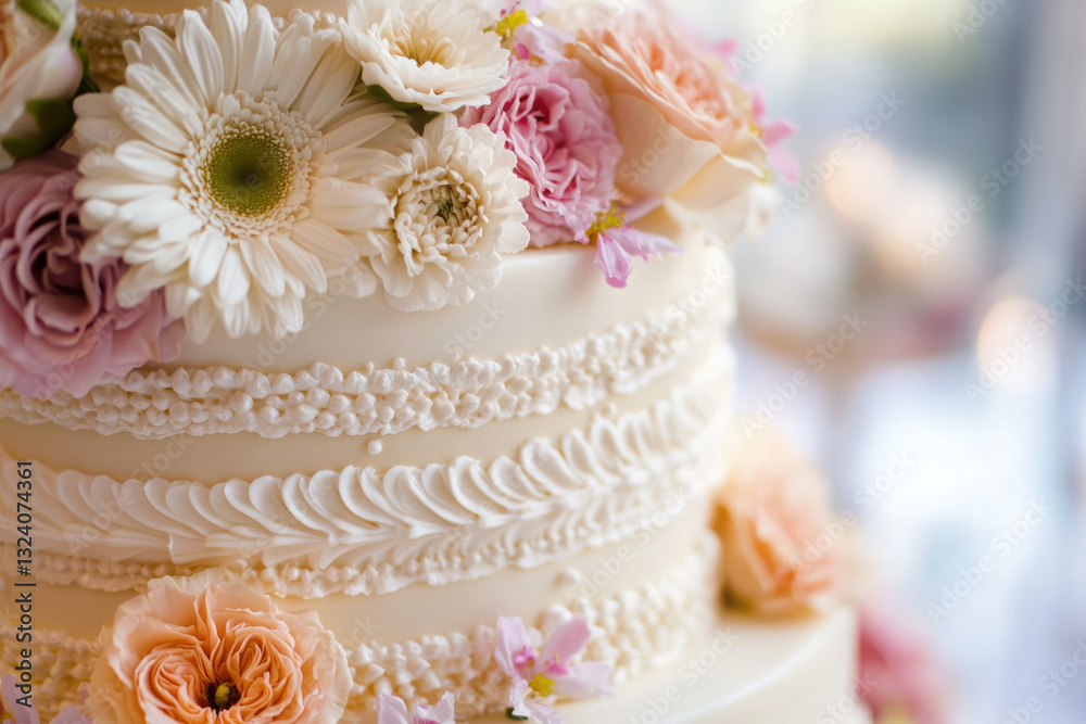 Fototapeta premium Elegant multi-tiered wedding cake with floral decorations and piping