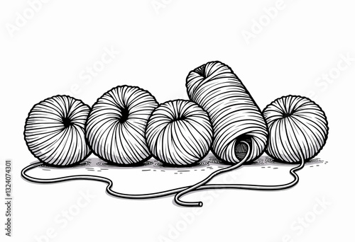 Crafty Yarn Supplies: Creative Black and White Line Art Featuring Piled Yarn Balls, Suitable for Craft Project Illustrations, Knitting Guides, and Handcrafted Product Promotions.

