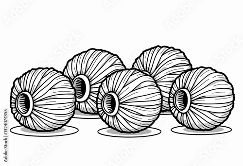 Monochrome Yarn Ball Sketch: Sleek Black and White Drawing of Multiple Yarn Balls, Perfect for Printable Wall Art, DIY Greeting Cards, and Stylish Branding for Craft Shops.


