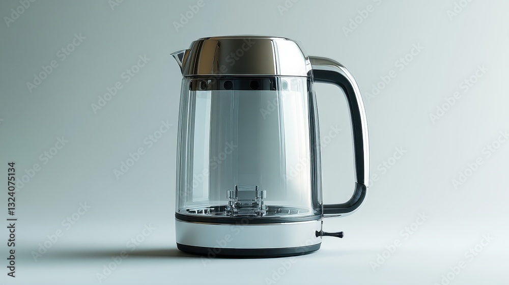 A sleek, chrome electric kettle, its futuristic design hinting at the future of home appliances, stands majestically isolated against a pristine white background, its transparent form allowing A sleek, chrome electric kettle, its futuristic design hinting at the future of home appliances, stands majestically isolated against a pristine white background, its transparent form allowing