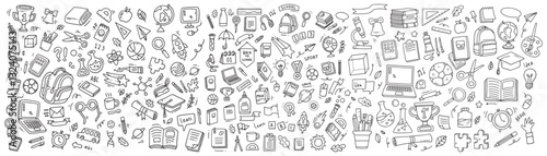 Huge set of Back to school supplies icon doodle. Vector illustration in line