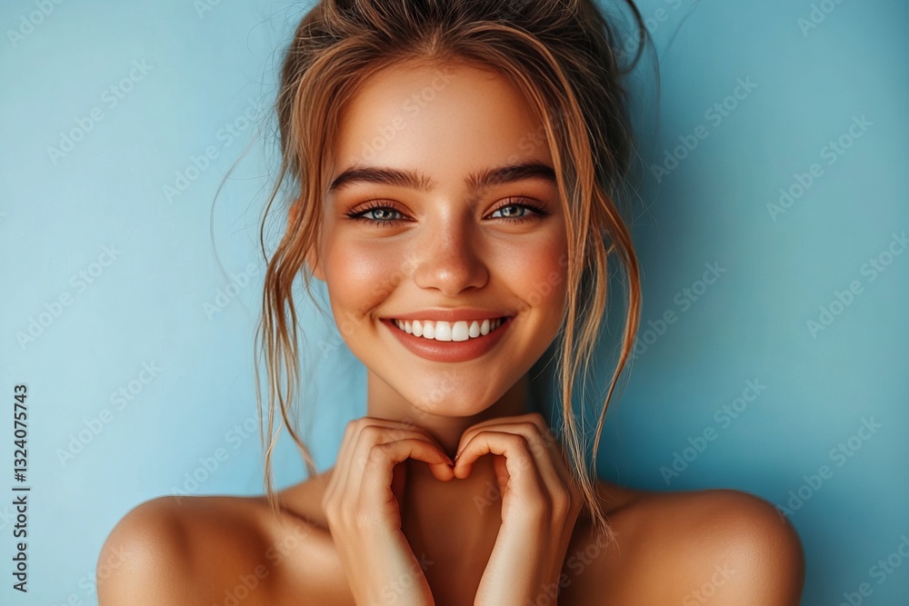 Obraz premium a beautiful woman forming a heart shape with her hands smiling.