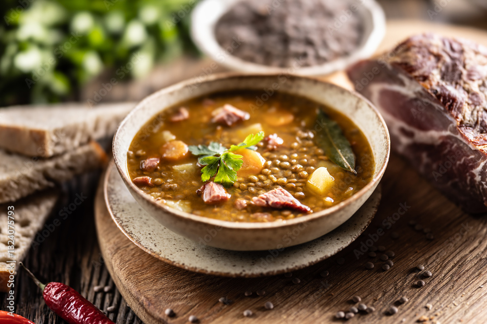Lentil stew or soup with smoked pork meat, traditional Slovak or Czechv food Lentil stew or soup with smoked pork meat, traditional Slovak or Czechv food