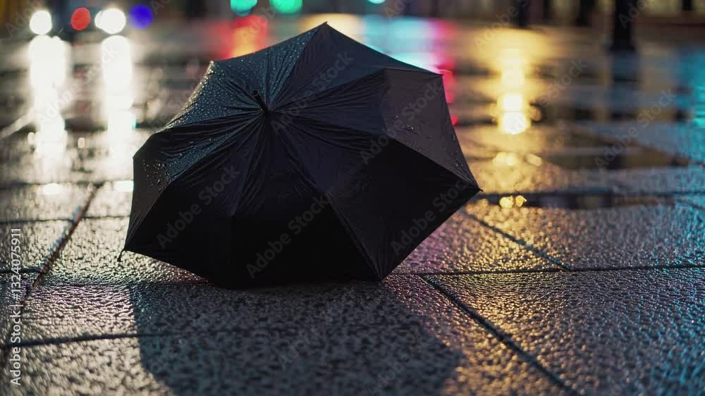 close-up shot capturing an abandoned umbrella resting on a wet sidewalk beneath the soft glow of a streetlamp on a rainy evening.