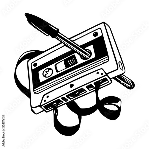 cassette and fountain pen line art illustration