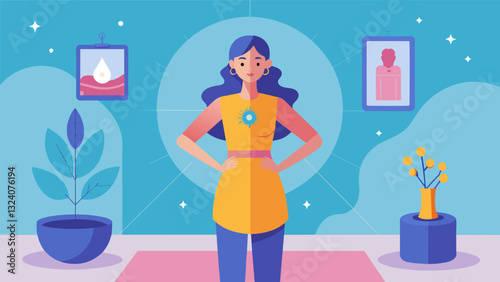 A woman stands in front of a mirror using affirmations and positive selftalk to address imbalances in her throat and third eye chakras.. Vector illustration