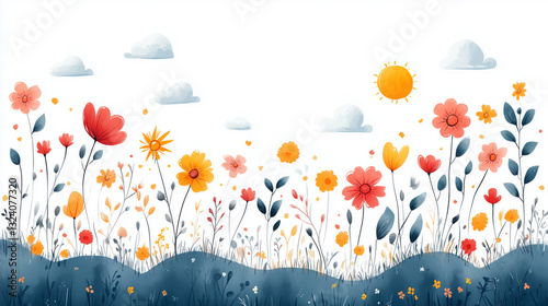 Colorful flowers growing on a hill under a shining sun