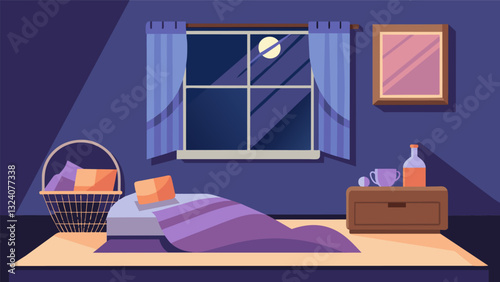 An inviting bedroom with a window seat and a basket of cozy blankets promoting screenfree relaxation before dozing off.. Vector illustration