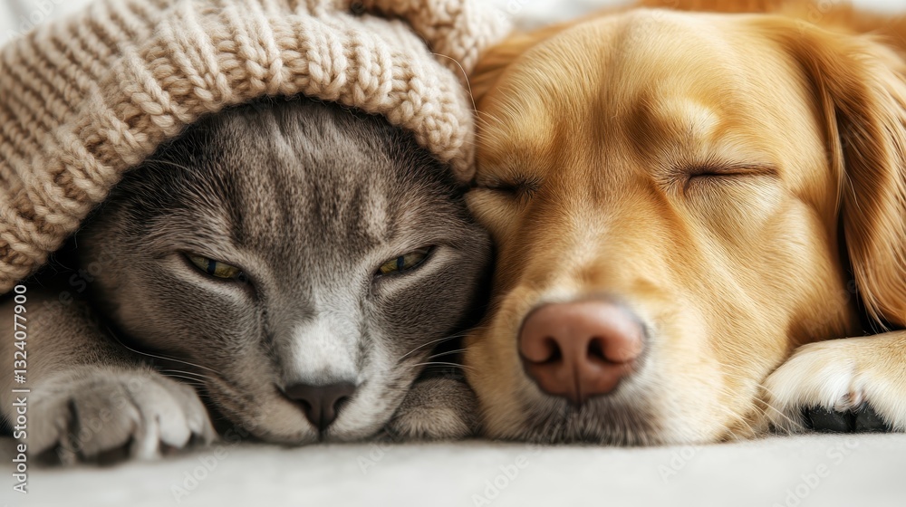 A golden retriever and a gray cat cuddle closely, eyes closed in their sleep, under a warm blanket, representing peace, friendship, and the joy found in companion animals. A golden retriever and a gray cat cuddle closely, eyes closed in their sleep, under a warm blanket, representing peace, friendship, and the joy found in companion animals.