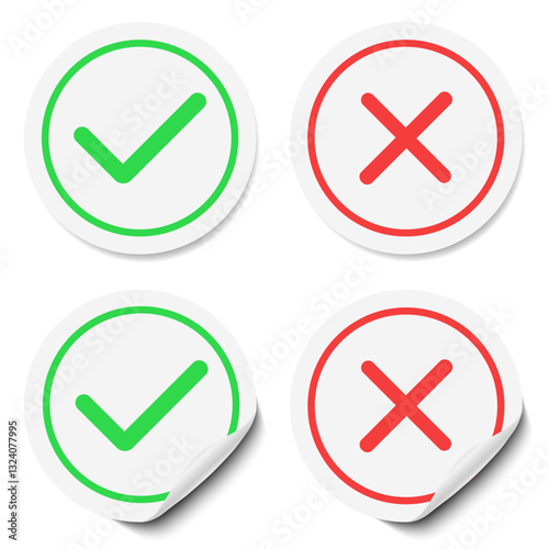 A set of four round stickers with a tick and a cross on a gray background. Vector illustration