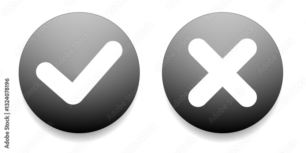 Two black and white round buttons with a tick and a cross. Vector Two black and white round buttons with a tick and a cross. Vector