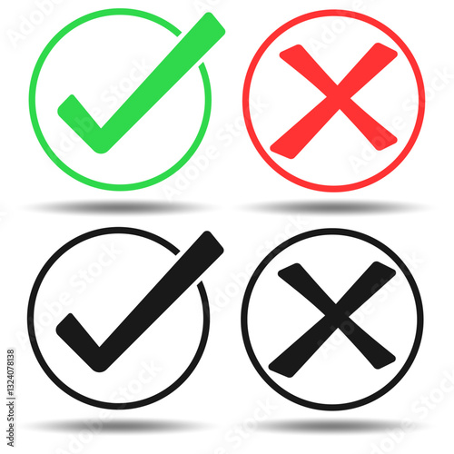 A set of four round buttons with a tick and a cross. The choice between consent and refusal. Vector illustration