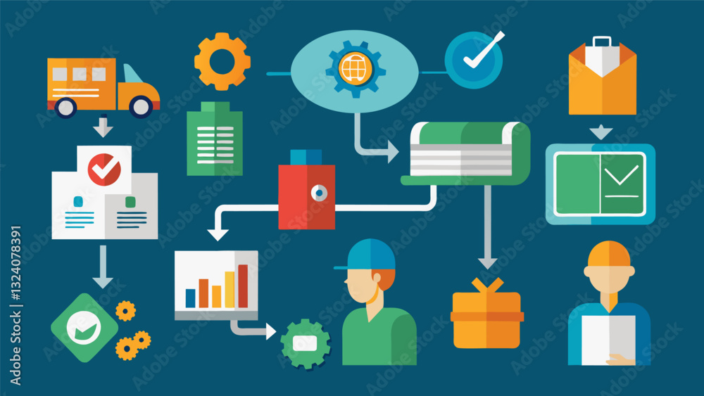 From quality control to supply chain management data is collected and utilized at every stage of manufacturing to ensure optimal efficiency and costeffectiveness.. Vector illustration From quality control to supply chain management data is collected and utilized at every stage of manufacturing to ensure optimal efficiency and costeffectiveness.. Vector illustration