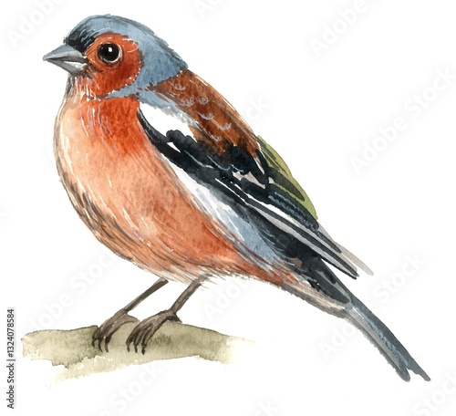 Chaffinch hand painted with watercolors on white background.