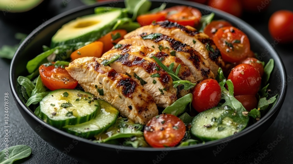 A delicious bowl with grilled chicken, assorted vegetables, and ripe tomatoes, perfect for a nutritious meal that balances flavor and wellness in one plate. A delicious bowl with grilled chicken, assorted vegetables, and ripe tomatoes, perfect for a nutritious meal that balances flavor and wellness in one plate.