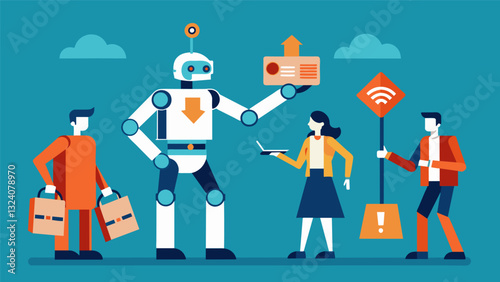 Intelligent robotics operate alongside human workers using data to make splitsecond decisions and maximize productivity.. Vector illustration