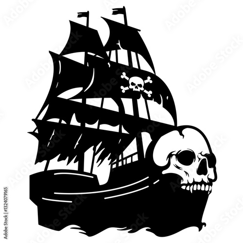 Pirate Ship | Pirates | Galleon | Pirate Sailing Boat | Human Skull in Ship | Captain Driving | Black Ship Pirate | Bad Mariner | Original Illustration | Vector and Clipart | Cutfile and Stencil
