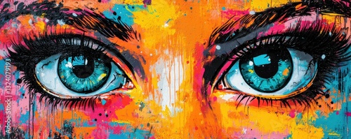 A vibrant and colorful close-up of expressive eyes, surrounded by abstract splashes of paint showcasing artistic creativity and emotion.