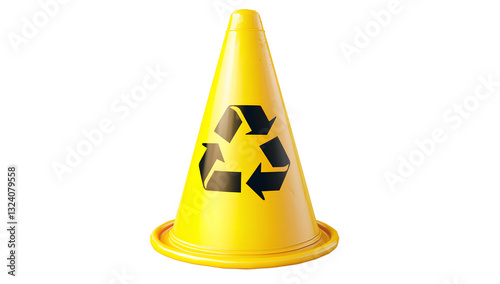  A yellow traffic cone with the symbol of waste plastic recycling on it, isolated on a transparent background