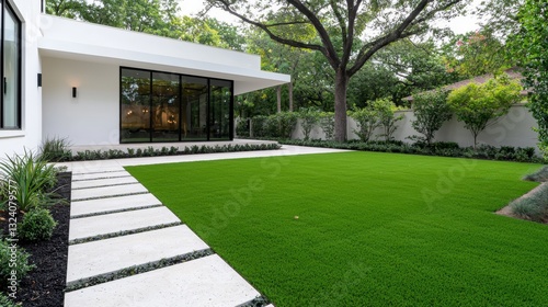 Modern House Backyard, Lush Green Lawn, Stone Path