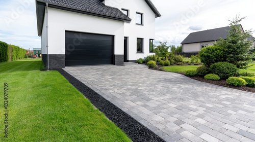 Modern House Exterior, Gray Paving Stone Driveway