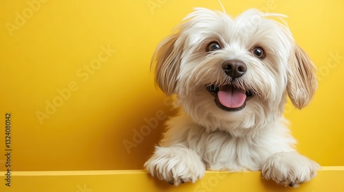 This adorable small dog with a playful expression stands against a vibrant yellow backdrop, making it an eye-catching image for pet lovers and stock websites alike.