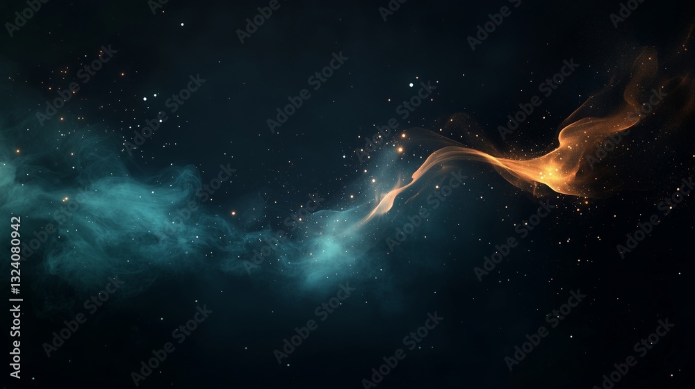Fototapeta premium A dreamy abstract Eid background with soft golden bokeh lights floating over a deep teal gradient, featuring subtle waves and delicate shimmering dust, creating a peaceful and spiritual atmosphere.