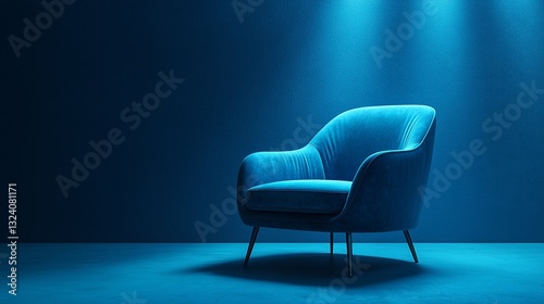 Stylish blue velvet chair display modern interior design minimalist environment cozy ambiance artistic perspective