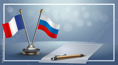 France and Russian Federation National flags on small table with bokeh background, cooperative relationship. Template vector Illustration