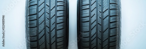 Two car tires on a white background showcasing detailed tread patterns for evaluation or comparison purposes