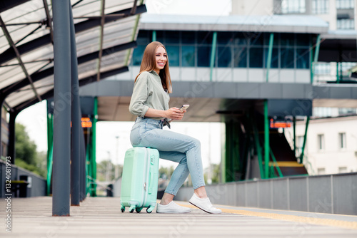 Young woman traveler with luggage at urban station enjoying summer journey