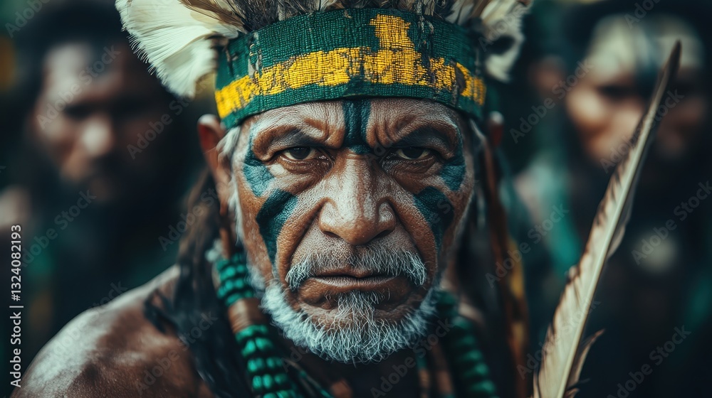 A powerful portrait of an indigenous elder adorned with traditional attire and facial paint, symbolizing strength, heritage, and the rich cultural tapestry of indigenous communities. A powerful portrait of an indigenous elder adorned with traditional attire and facial paint, symbolizing strength, heritage, and the rich cultural tapestry of indigenous communities.