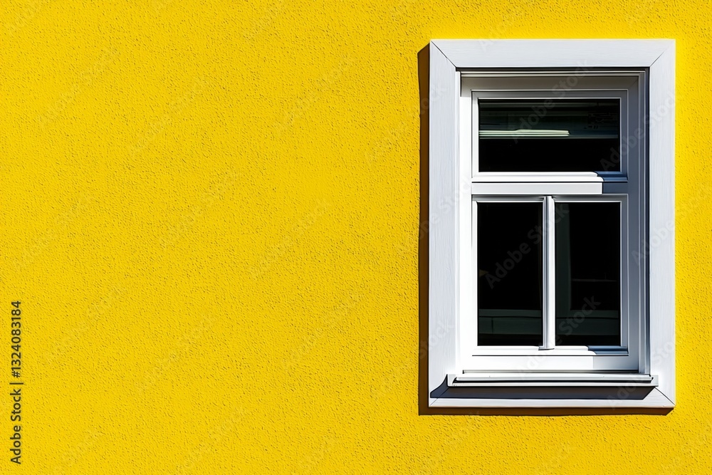 Bright yellow wall with a white window frame creating a vibrant contrast Bright yellow wall with a white window frame creating a vibrant contrast