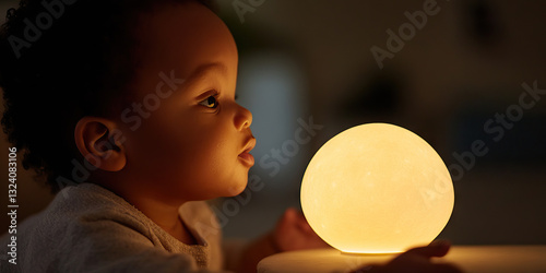 Toddler Observing Illuminated Spherical Lamp