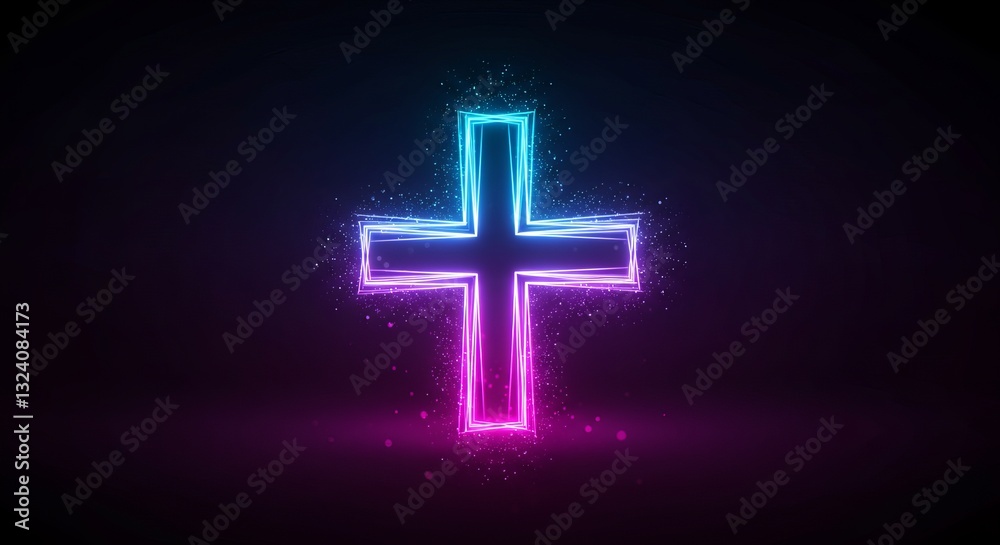 Fototapeta premium Neon cross illustration on a dark background. Religious, spiritual design perfect for faith, church, or modern Christian themes.
