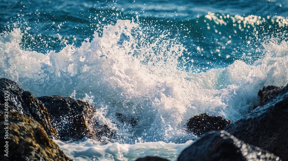 Obraz premium A close-up of ocean waves crashing against rocks, sending up a spray of seawater