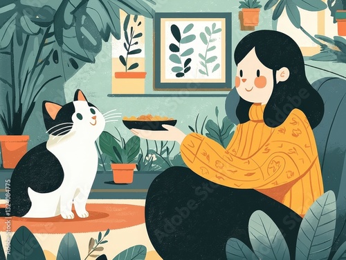 Wallpaper Mural A pet sitter feeding a cat in a warm, comfortable living room with lush plants, soft lighting, and colorful decor. Torontodigital.ca