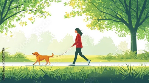 A professional pet sitter walking a dog in a peaceful park, with trees, grass, and a relaxed, sunny atmosphere.
