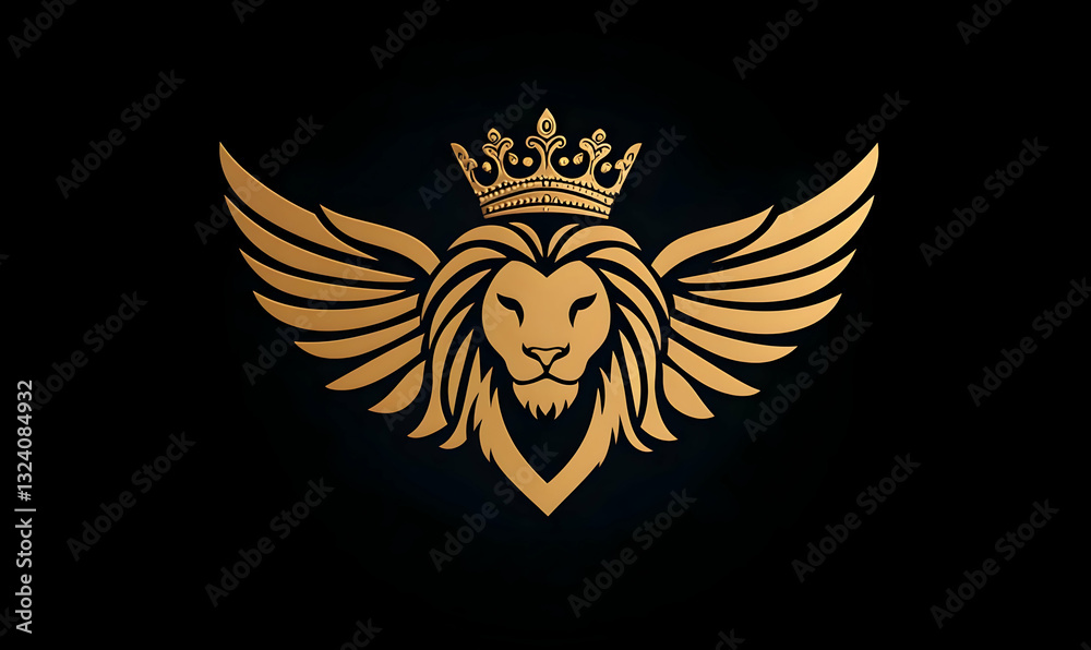 Majestic Lion with Wings and Crown in Golden Silhouette Design Majestic Lion with Wings and Crown in Golden Silhouette Design